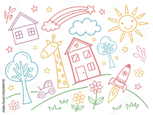 Pencil crayon children’s sketch pattern with house, flower, rainbow, sun, and cloud. Seamless colorful doodle background vector for early education, school books, or baby design use.

