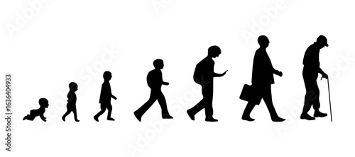 Life cycles of man from a little baby to senior man silhouette. the process of generational people.
