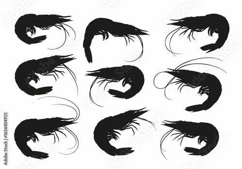 Collection of black shrimp and prawn silhouettes, a minimalist seafood vector illustration isolated on white, ideal for restaurant menus and marine life design.