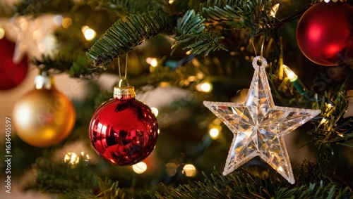 Close up of christmas tree with red ornaments and a clear star decoration hanging from the branches