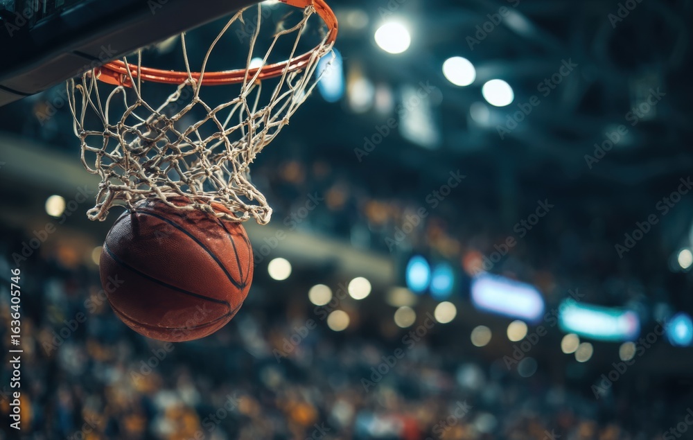 Fototapeta premium Close-Up of Basketball Entering Net in Exciting Sports Venue