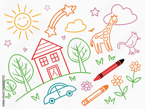 Whimsical kids’ crayon background featuring happy doodles of rainbow, house, sun, cloud, flower, and cat. Colorful seamless vector for school, nursery, or baby illustration products.

