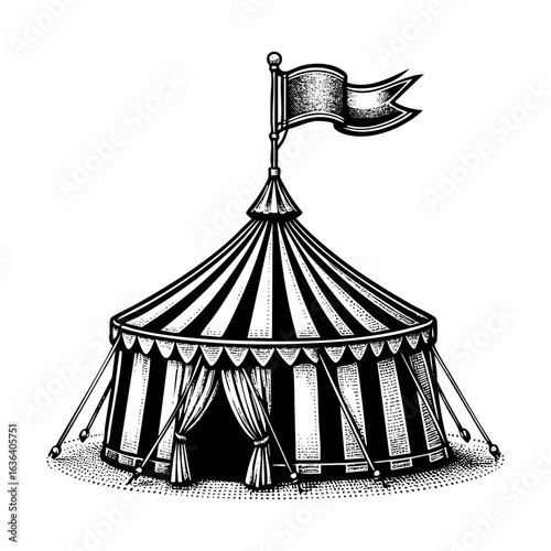 Circus tent on amusement park	in Black and White Engraving Style
