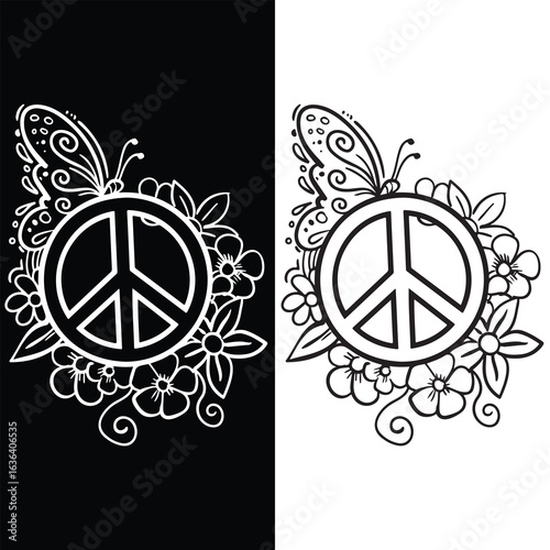 Floral Peace Symbol with Butterfly – Black and White Vector Illustration for International Day of Peace, Spring Harmony Themes, Anti-War Campaigns, and Boho Nature-Inspired Designs