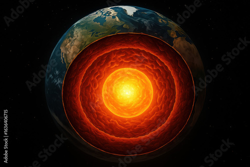 Inner Earth showing glowing hot core and geological layers for science education or planetary structure concept illustration