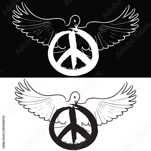 Peace Dove with Wings Spread Holding Peace Symbol – Black and White Vector Illustration Set for International Day of Peace, Anti-War Campaigns, and Global Unity Designs