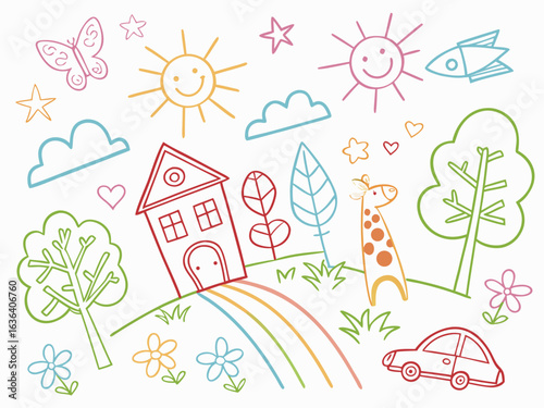 Colorful pencil drawing by children showing rainbow, house, flower, sun, and tree in a fun layout. Crayon doodle seamless vector background for preschool, baby, or educational use.

