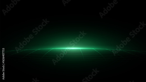Tech Grid of Curved 3D Stage. Perspective Grid Floor. VR Virtual Reality Metaverse Environment. Abstract Dark Surface with light effect vector illustration.