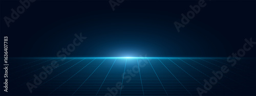 Tech Grid of Curved 3D Stage. Perspective Grid Floor. VR Virtual Reality Metaverse Environment. Abstract Dark Surface with light effect vector illustration.