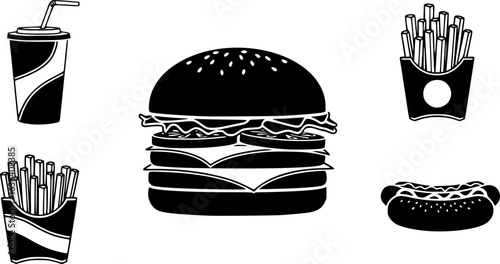 Fast food line icon set. Burger sandwich hot dog cola 