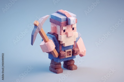 3D pixel-style miner character holding a pickaxe with a rugged beard and helmet.
A charming voxel adventurer inspired by fantasy mining and retro game worlds.
