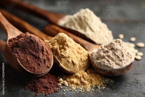 Plant based protein food (legumes, lentils, beans, seeds) and Healthy dry Pea Protein Powder, generated AI