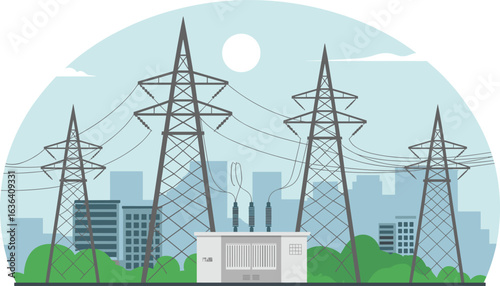 Electric power grid, transmission towers, high voltage lines, energy infrastructure, utility station, city background, electricity network, power supply, transformer system