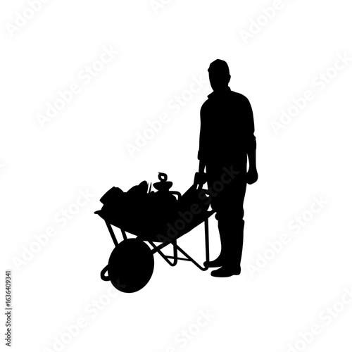 A simple, impactful silhouette of a person pushing a wheelbarrow laden with various items.