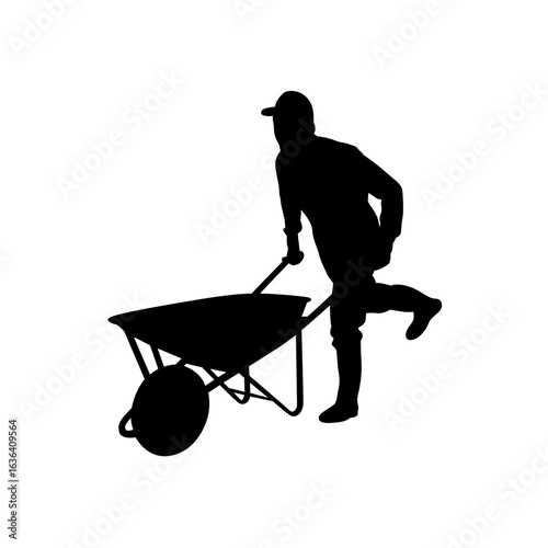 A simple, impactful silhouette of a person pushing a wheelbarrow, perfect for representing gardening, landscaping, agriculture, or outdoor work.