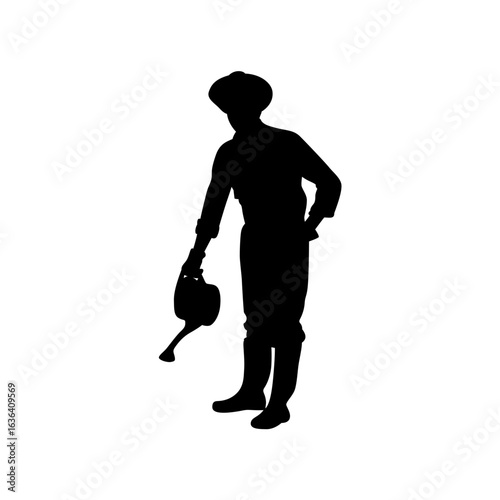 A classic silhouette of a farmer watering plants.