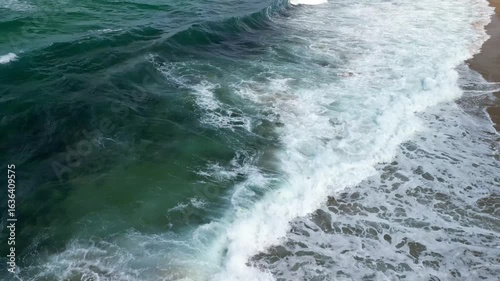 Aerial top view of Black sea coast with big waves near Alepui wild beach, Bulgaria. Drone picture. 