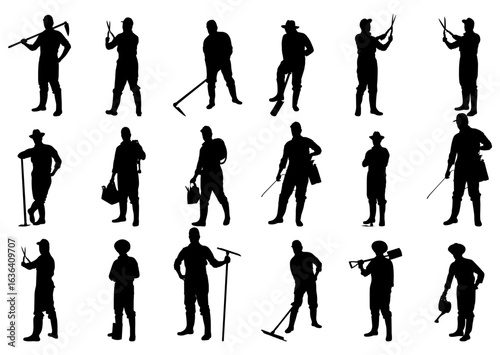 A vector set of black silhouette illustrations of various farmers performing agricultural work.