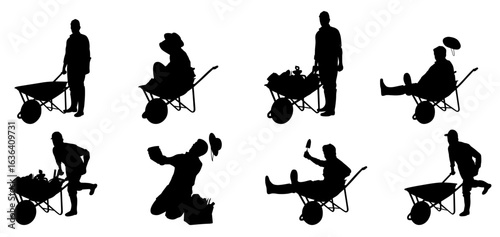 This is a set of vector silhouettes showing people interacting with a wheelbarrow.