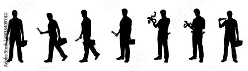 A series of vector sets of black silhouettes of technicians showing different stages of work.