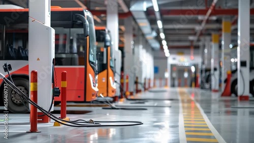 Electric buses charging at indoor station with power supply units.