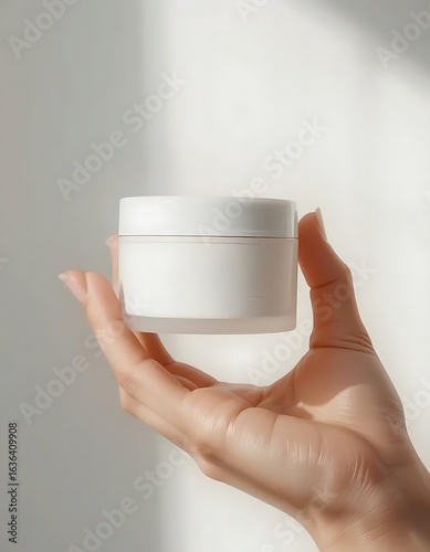 Minimalist skincare product mockup a female hand holding a white blank cosmetic jar . Isolated on white with soft studio lighting. Clean, modern and commercial composition. Perfect for beauty branding