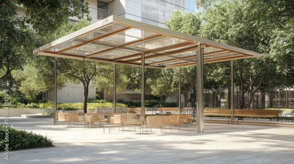 Modern outdoor patio area under a large, light-toned canopy Modern outdoor patio area under a large, light-toned canopy