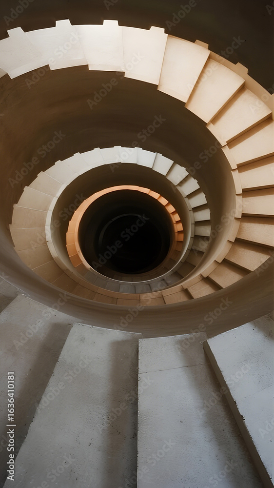 Obraz premium A never-ending spiral staircase made of pale concrete, dim warm lights casting distorted shadows, vanishing into darkness, eerie silence, surreal liminal space