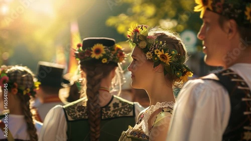 Women in traditional dresses at Oktoberfest with sunlit background