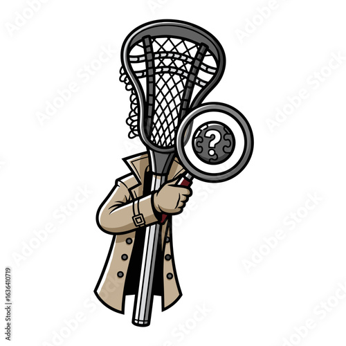 Lacrosse Stick Detective Character in Trench Coat with Magnifying Glass