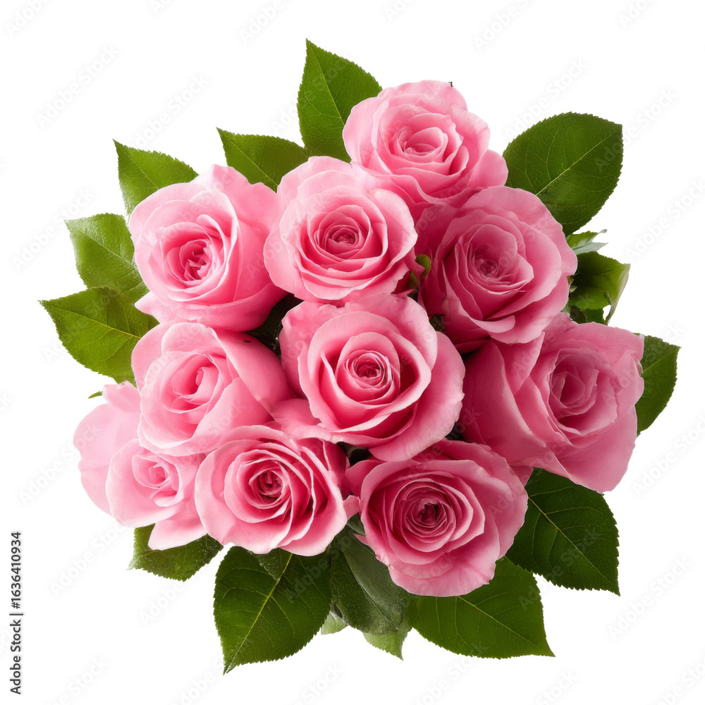 Obraz premium beautiful bouquet of pink roses surrounded by green leaves, perfect for expressing love and appreciation. This vibrant arrangement adds touch of elegance to any occasion