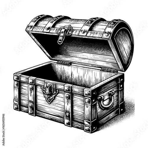 Detailed Engraving of empty treasure chest opened	in black and white art