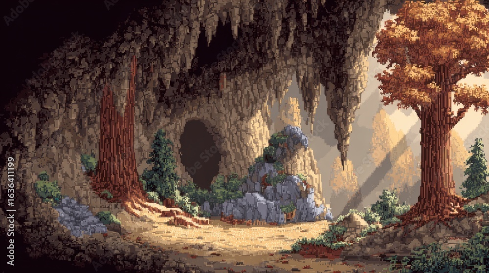 Obraz premium Enchanted Cave Landscape with Natural Elements and Light Rays