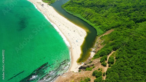 Aerial panorama of beach at the mouth of the Veleka River, Sinemorets village, Burgas Region, Bulgaria