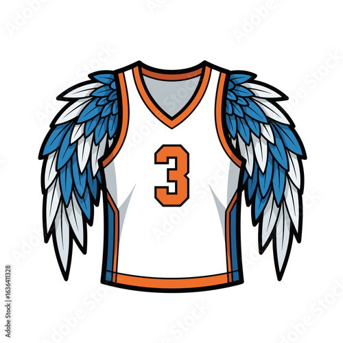 White Basketball Jersey with Blue and Orange Wings Design Number 3 Illustration