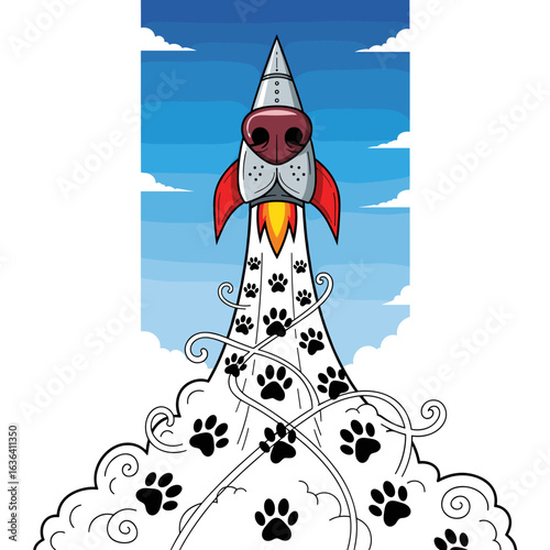Dog Nose Rocket Launching with Paw Prints Smoke Trail Illustration
