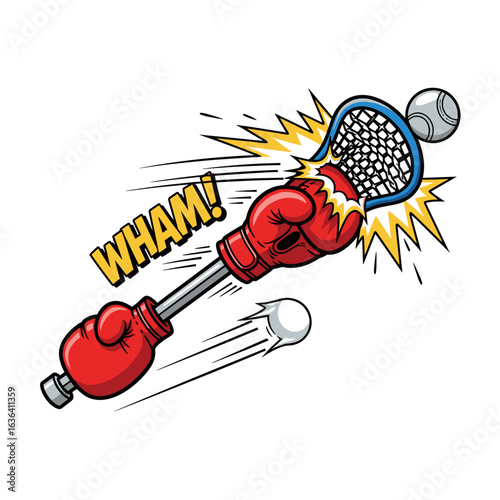 Dynamic Lacrosse Stick with Boxing Glove and WHAM! Sound Effect Illustration