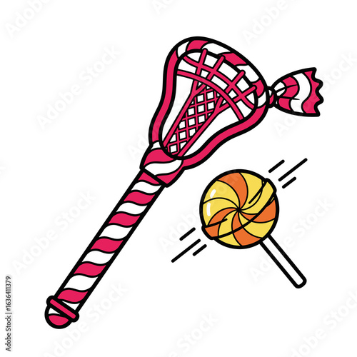 Sweet Lacrosse Stick with Swirl Lollipop Candy Illustration