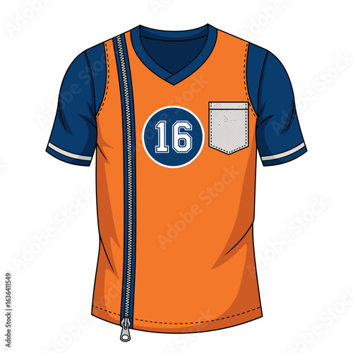 Unique Orange Sports T-shirt with Side Zipper Design and Number 16