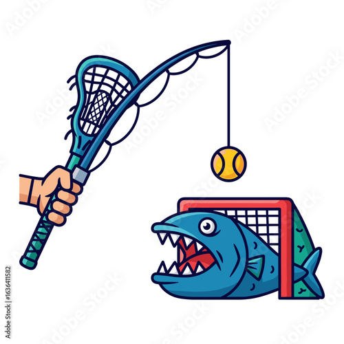 Funny Lacrosse Stick Fishing for a Monster Fish in a Goal Illustration