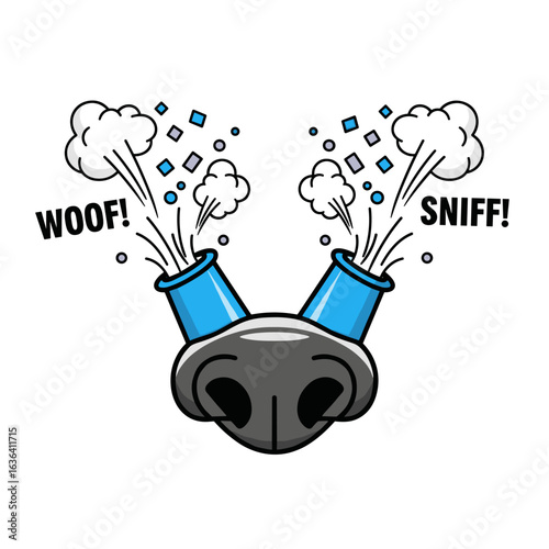 Cartoon Dog Nose with Cannons Emitting Woof and Sniff Sounds Illustration