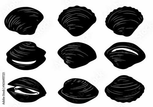 Black Silhouettes of Various Clams and Mussels Vector Set on White Background