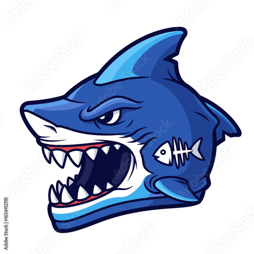 Angry Blue Shark Head Mascot with Sharp Teeth and Fishbone Tattoo Vector Illustration