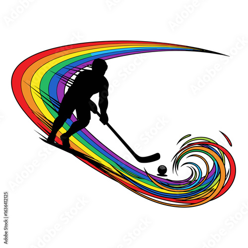 Dynamic Ice Hockey Player Silhouette with Vibrant Rainbow Color Trail Artistic Vector