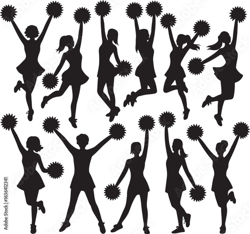 Collage of eleven distinct cheerleaders in silhouette executing energetic dance moves with pom-poms team