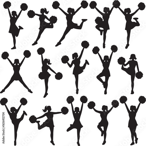 Collection of fifteen diverse cheerleaders in silhouette performing various dynamic poses with pom-poms