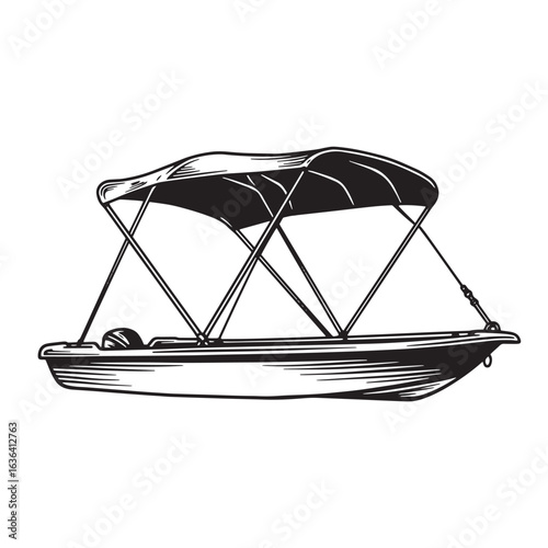 Detailed black and white illustration of a motorboat with a sun canopy and a motor.