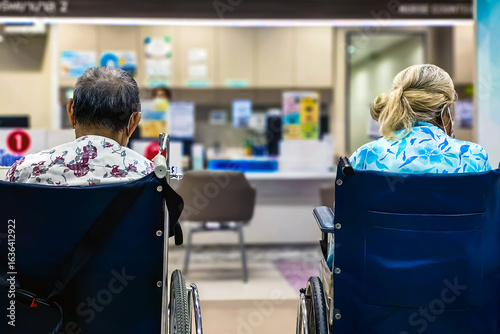 Back view of Elderly male patient sit on wheelchair waiting to see doctor in health care office or hospital. Patients sit on wheelchairs waiting to see doctor in front of examination room in hospital.