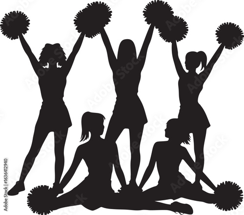 Silhouette group of five cheerleaders performing with pom-poms on white background cheerleading team