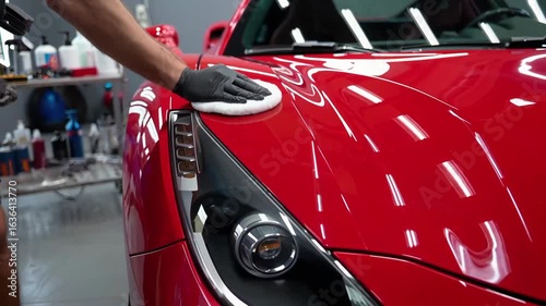 A professional detailer in black gloves meticulously applies wax or polish to the headlight of a glossy red luxury sports car in a detailing studio. Idea of professional car care.